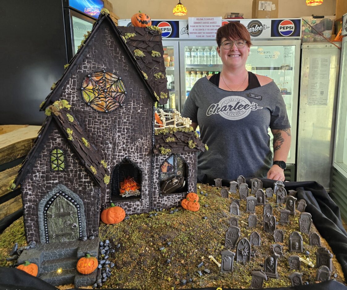 Edible Halloween gingerbread house on display at Manti kitchen